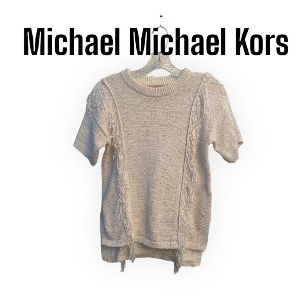 Michael Michael Kors White Short Sleeve Fringe Sweater XS
